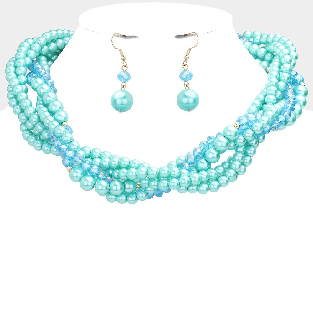 Turquoise Braided Pearl Faceted Beaded Collar Statement Necklace